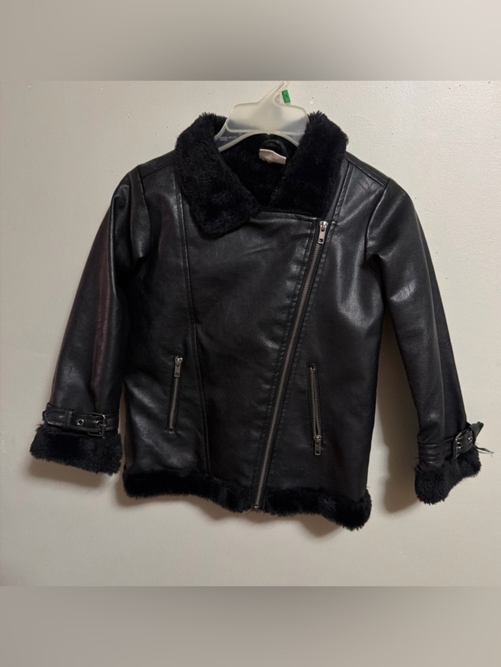 Cotton on Kids Black Faux Leather Moto Jacket with Faux Fur Trim